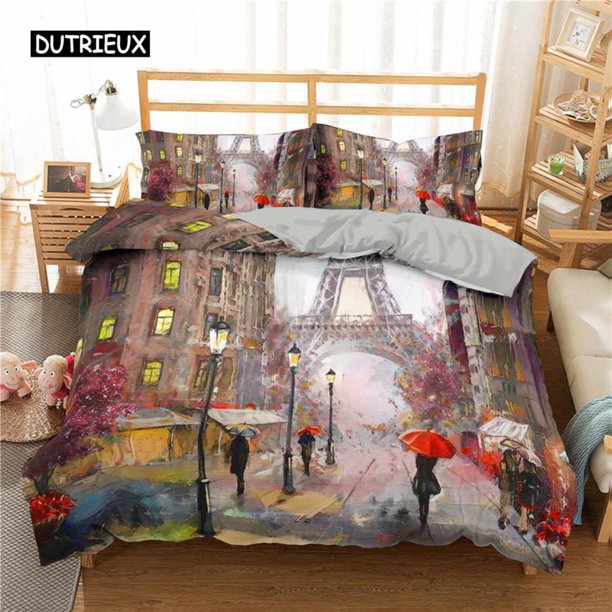 x1695 Bed SheetsParis Duvet Cover Set Microfiber Paris Tower Oil Painting Bedding Set Car City Landscape Pattern Quilt Cover Size 3-Piece Bedding Set (1 Duvet Cover + 2 Pillow Shams) nj1695