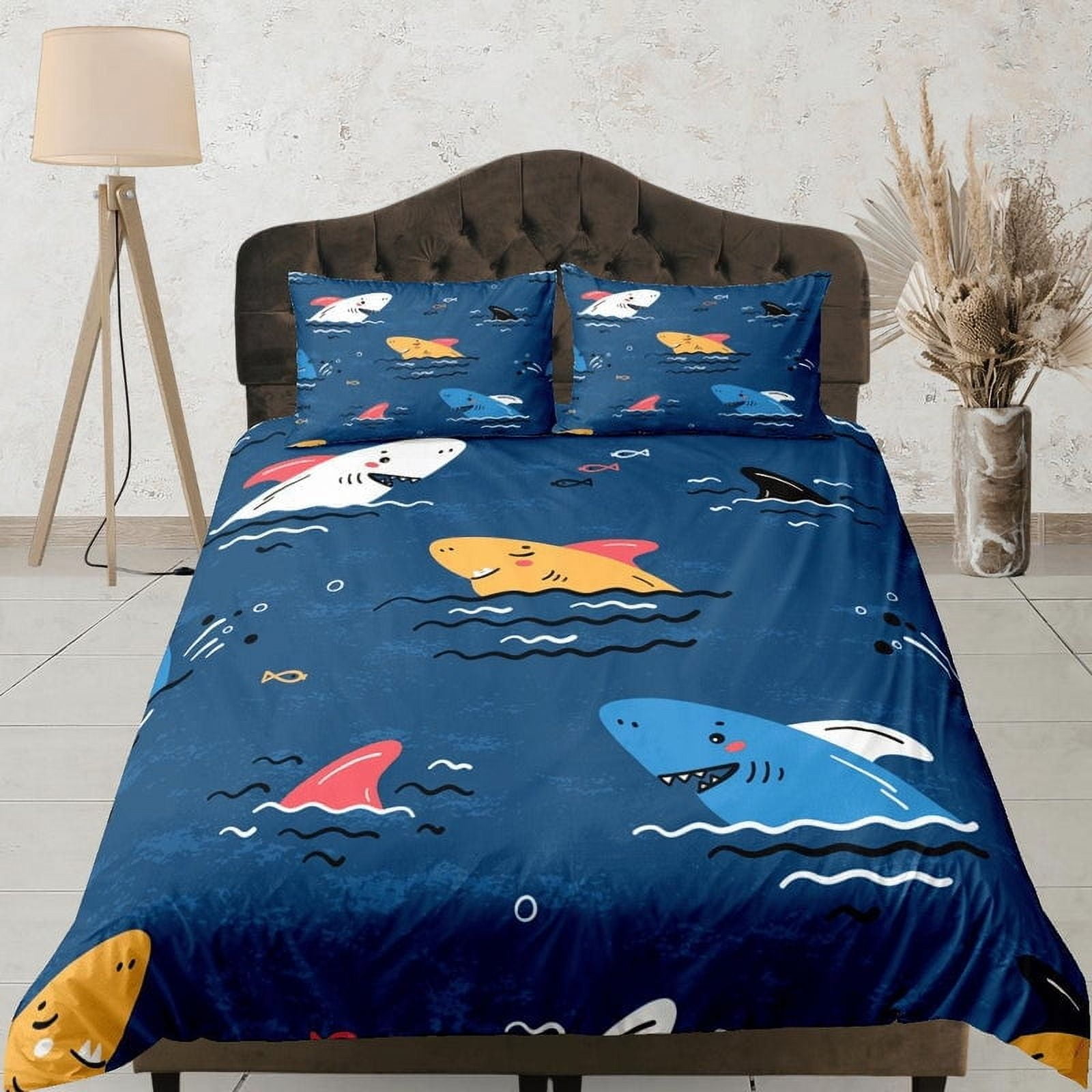Milsleep - Juego De Funda Nórdica Azul Tiburones Colcha De Colores, Juego De Cama Infantil Completo Con