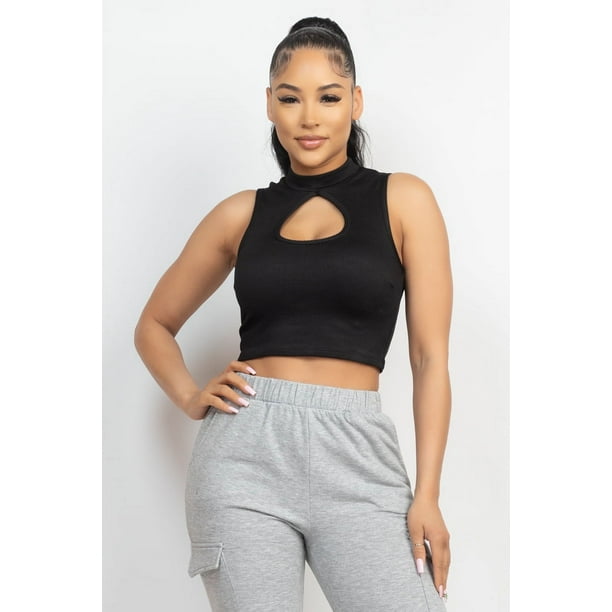 Saronite Top Corto Básico de Punto Acanalado sin Mangas con Escote Alto y Abertura Frontal, Negro (para Mujer)