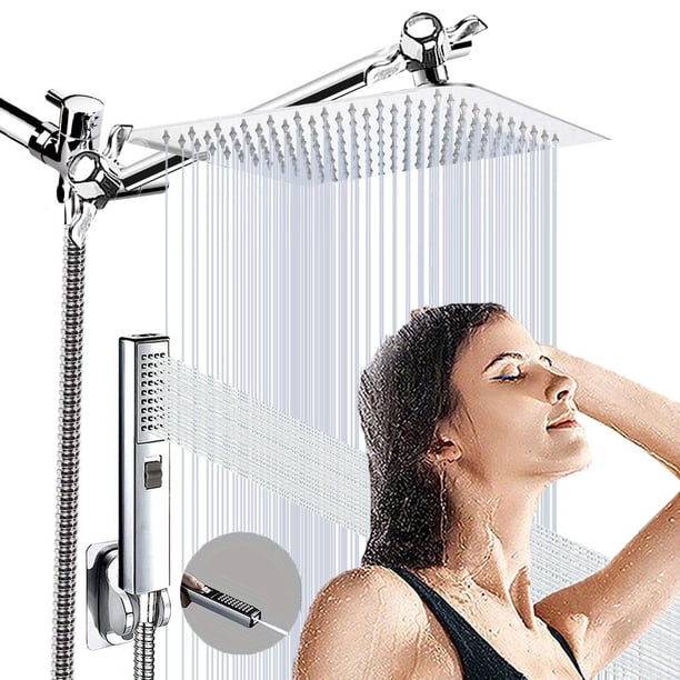 1set 2-in-1 Shower Head with Handheld Spray - 8'' Rain Square High Pressure Shower Head with 9'' Extension Arm and 78'' Hose - Includes Shower Holder for Easy Installation