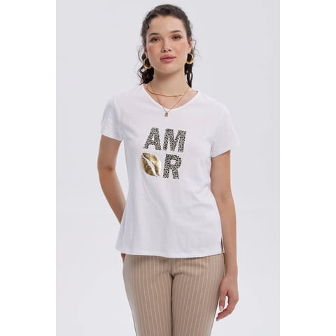 Fashionspark - Polera Mujer Print Aplicación Folia Blanco