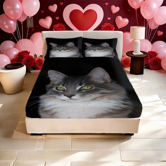 A Cat Print Fitted Sheet a Practical Fitted Sheet Set The Soft And Comfortable Material Brings a Comfortable Sleep Experience And Can Be Adapted to Various Size