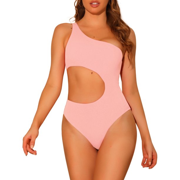 INSPIRE CHIC Traje de baño de una sola pieza para mujer con un solo hombro, corte asimétrico, con almohadillas removibles, color rosa, talla pequeña