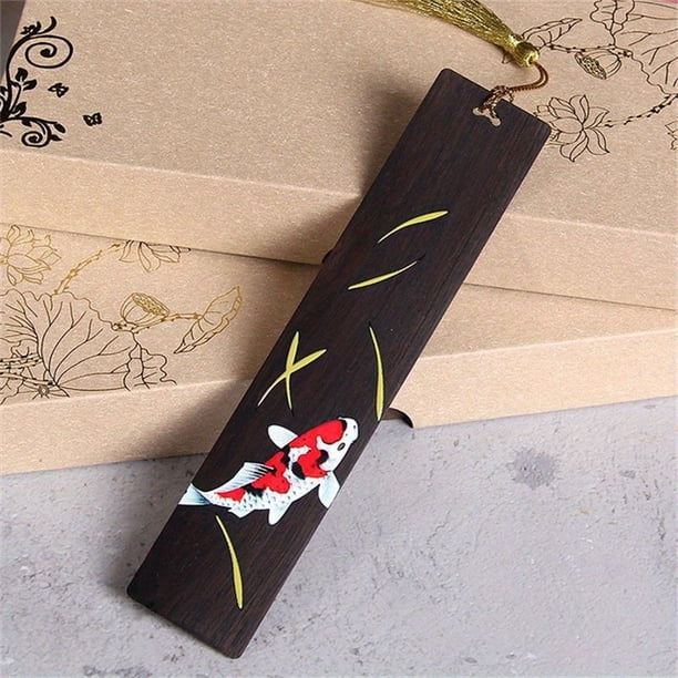Chinese Style Painted Koi Carp Sandalwood Bookmark Retro Tassel Pendant Lucky Book Mark School Office Reading Stationery