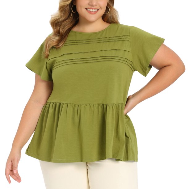GRACE & GRANDEUR Blusas de Verano para Mujer de Talla Grande Babydoll Peplum con Frente Plisado, Manga con Volantes, Cuello Redondo, Fluidas, Casuales y Modernas 2X Verde Oliva