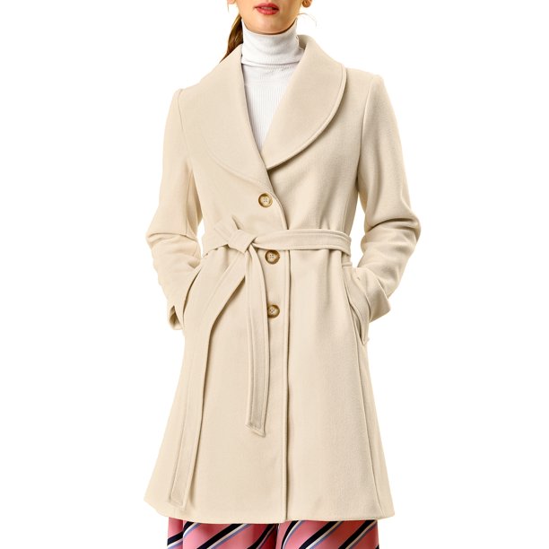 INSPIRE CHIC Abrigo de Trinchera Largo con Cinturón y Cuello Vuelto para Mujer, Botonadura Simple, Talla S, Beige