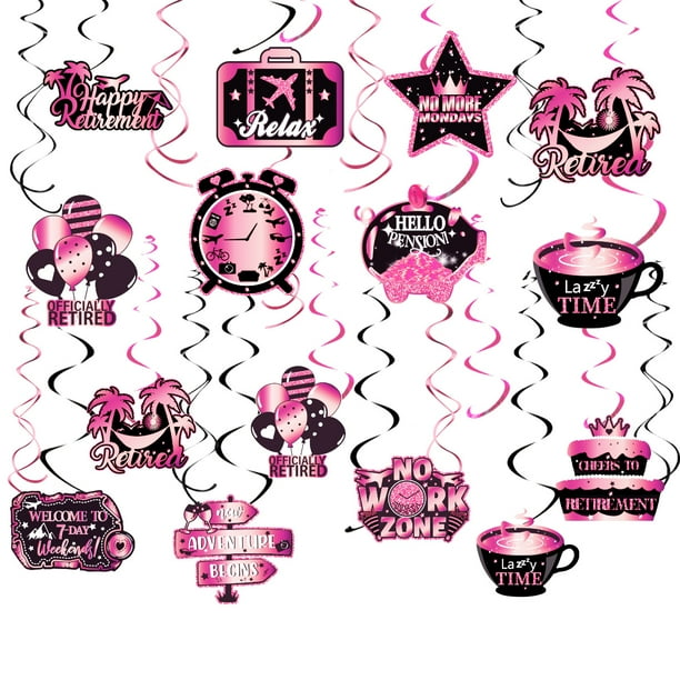 1pc, Happy Retirement Hanging Swirls Decorations, Black Pink Retirement Theme Foil Ceiling Hanging Party Supplies