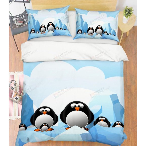 Fun Cartoon Penguins Quilt Duvet Cover Set Kids Bedroom Decor Bedspread3-Piece Bedding Set