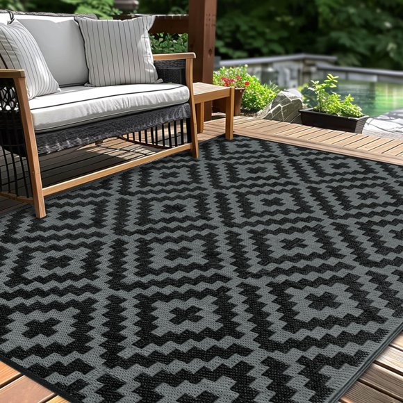 Alfombra exterior de plástico Kalafun 183x274 cm Negro Gris