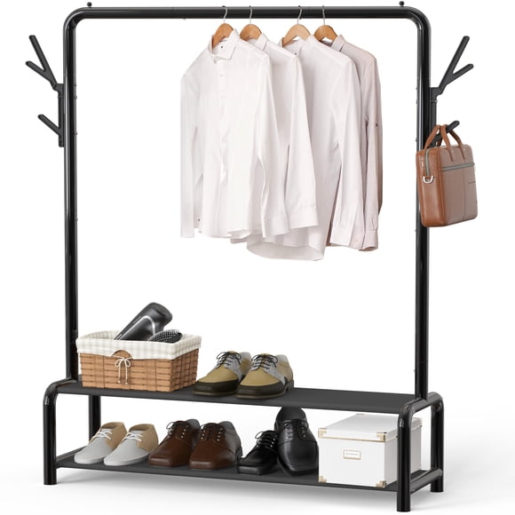 Perchero para ropa de armario, sencillo, 132 cm, con espacio de almacenamiento, negro