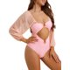 thumbnail image 4 of INSPIRE CHIC Traje de baño de una pieza para mujer con mangas largas, escote pronunciado, panel de malla, control de abdomen y corte alto para playa, color rosa, talla extra grande, 4 of 5