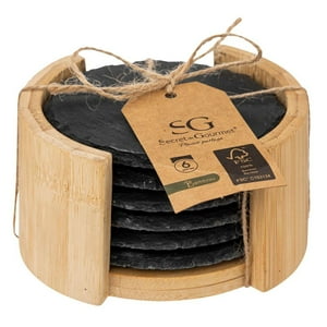 Atmosphera - Set 6 Posavasos Piedra Pizarra 10 Cm Diametro Con Soporte