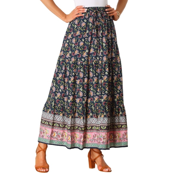 INSPIRE CHIC Faldas Boho para Mujer Estampado Floral Primavera Verano Cintura Elástica Casual Faldas Maxi L Azul Marino