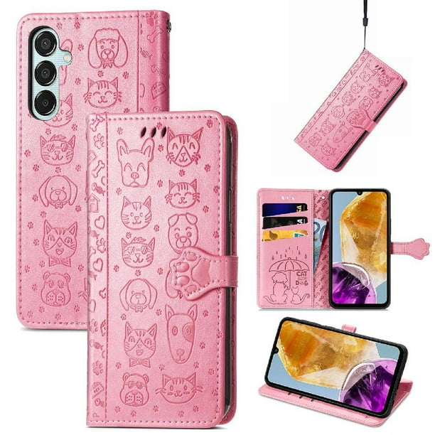 Funda Cartera FOXDOCK para Samsung Galaxy M15 , Flip PU con Relieve de Gatos y Perros, Tarjetero y Soporte