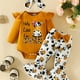 thumbnail image 1 of Cute Cow Print Outfit - Long Sleeve Flutter Sleeve Infant Romper + Bowknot Flared Trousers + Headband Baby Girls 3pcs Set, 1 of 5