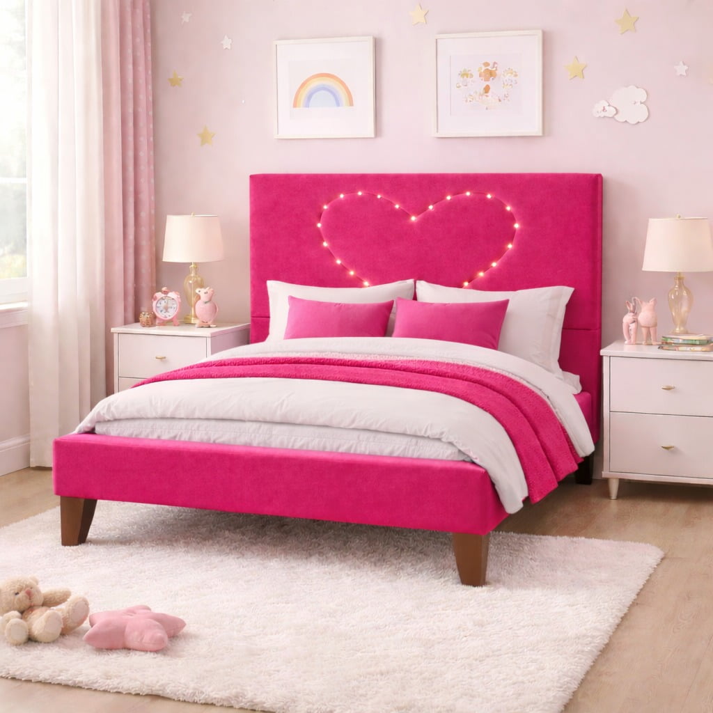 Ethan Desing - Cama Plaza Y Media Corazón Fucsia Base + Colchón Mery Design Excellence Plus