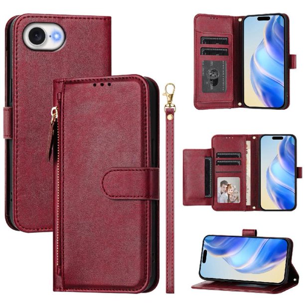 Funda Billetera Cremallera para iPhone 16e con Porta Tarjetas, Soporte y Correa Rojo