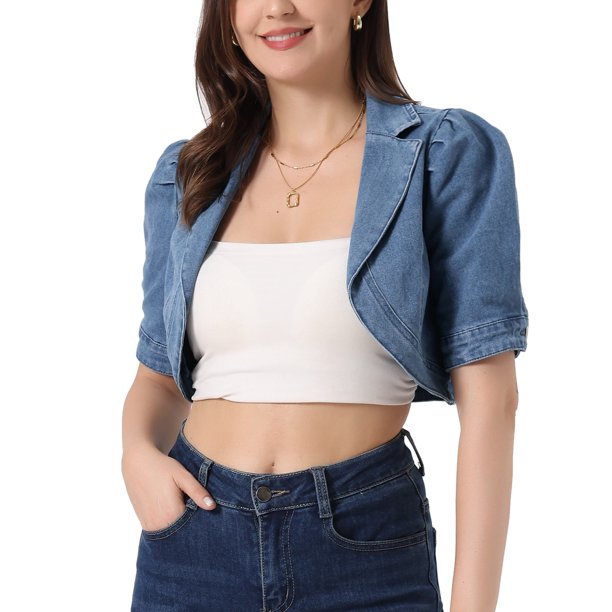 INSPIRE CHIC Chaqueta de Jean de Mujer Recortada con Manga Corta y Solapa M Azul