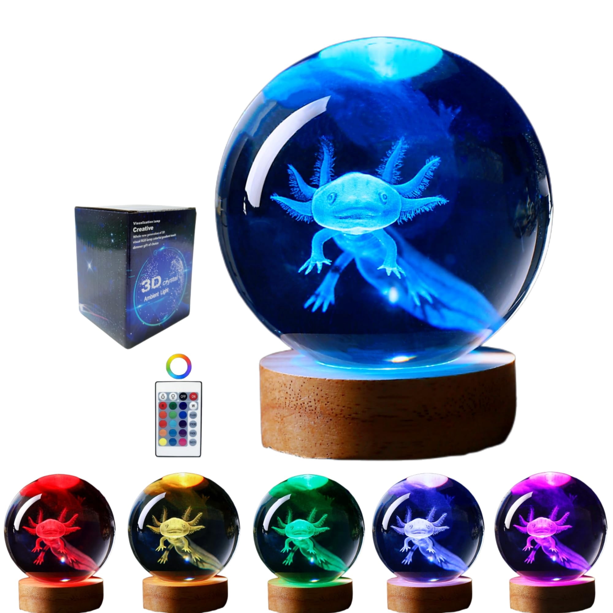 Lámpara Crystal Ball Conalisk Axolotl 3d Con Base De Madera De 8 Cm
