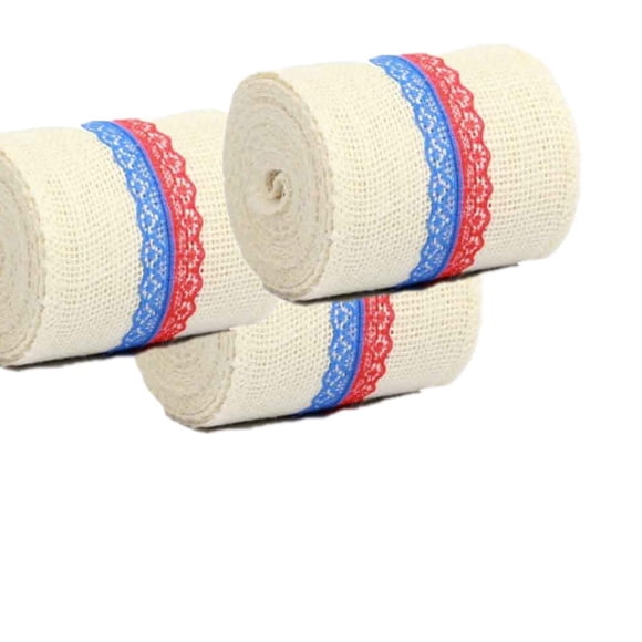 Rollo De Cinta De Yute Color Marfil Con Encaje Rojo Y Azul De 45 Pies Paquete De 3