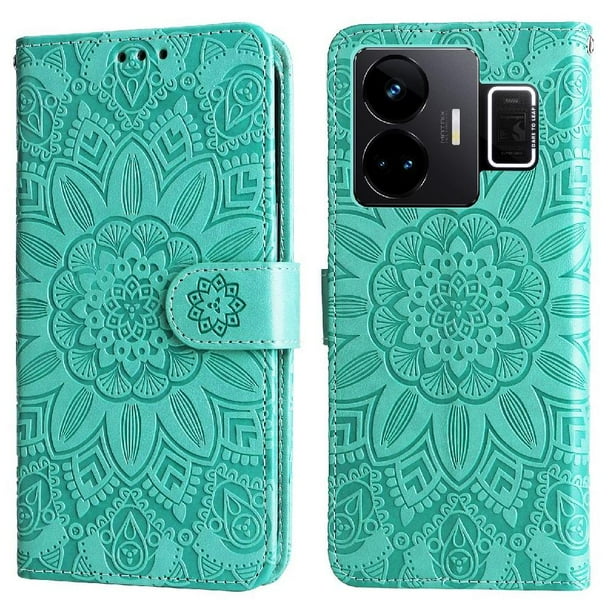 Funda tipo cartera FOXDOCK para Realme GT3 , diseño girasol en relieve, cuero PU, cierre magnético, soporte y tarjetero
