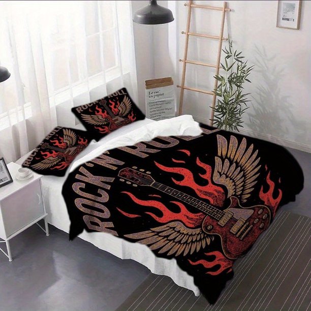 3pcs Rock 'N' Roll-Themed Graphic Bedding Set - Suitable for Bedroom Decor Rvs