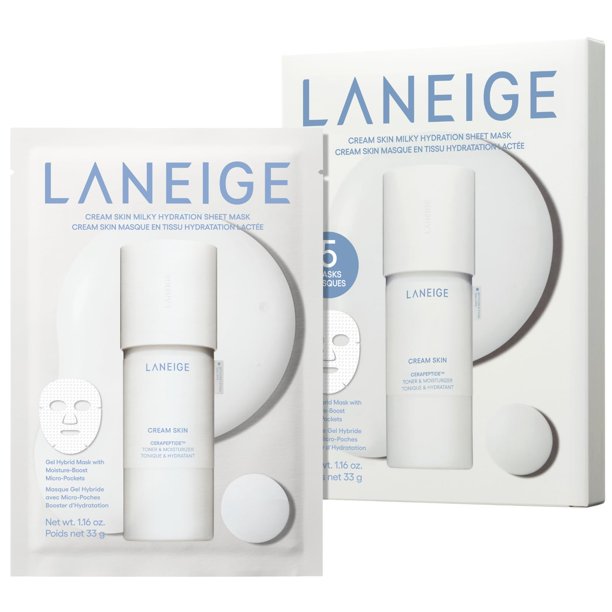 LANEIGE Cream Skin Milky Hydration Mascarilla de Hoja: Mascarilla Coreana de Gel Refrescante con Ceramidas y Péptidos para Hidratación, Firmeza y Soporte de la Barrera