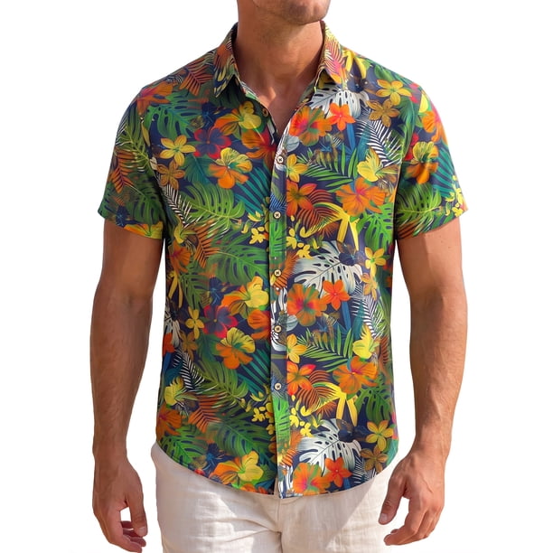 INSPIRE CHIC Camisa Hawaiana de Hombre de Manga Corta con Botones Florales Tropicales Casual de Verano para la Playa L Verde