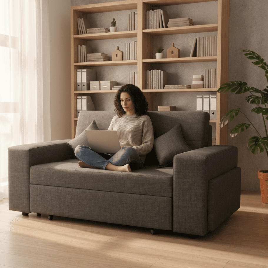 Camila Home - Sofá Cama Elegant 2 Plazas 3 Posiciones | 2 Puffs Y Cojines | Gris Oscuro Lino