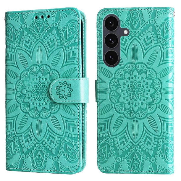 Funda tipo cartera FOXDOCK para Samsung Galaxy S25 FE , diseño girasol en relieve, cuero PU, cierre magnético, soporte y tarjetero