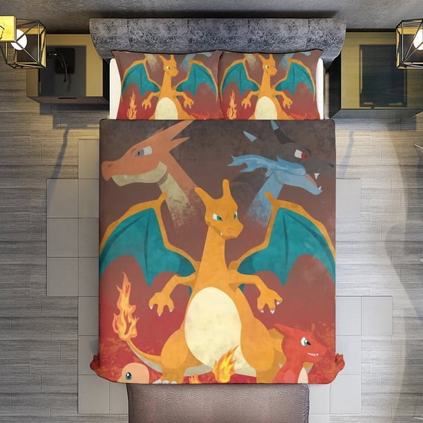 Pokmon Charizard 3 Piece Sets Full/Queen Size - Reversible Microfiber Quilts with Shams Soft Lightweight Bedspread Coverlet Comforter for All Season Bed Sheets