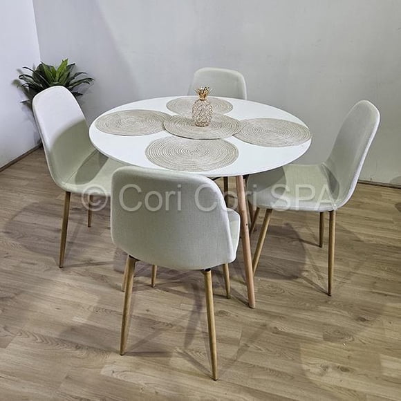 Comedor Mesa blanca 100cms + 4 Sillas Scoop Lino Beige