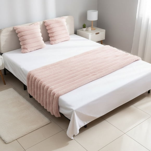 Juego De Piecera Peluda Texturizada Medida 70x210cm Pie De Cama Rosado