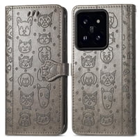 Funda Cartera Foxdock Para Xiaomi 14T , Flip Pu Con Relieve De Gatos Y Perros, Tarjetero Y Soporte