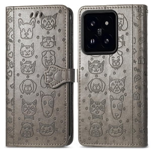 Funda Cartera Foxdock Para Xiaomi 14T , Flip Pu Con Relieve De Gatos Y Perros, Tarjetero Y Soporte