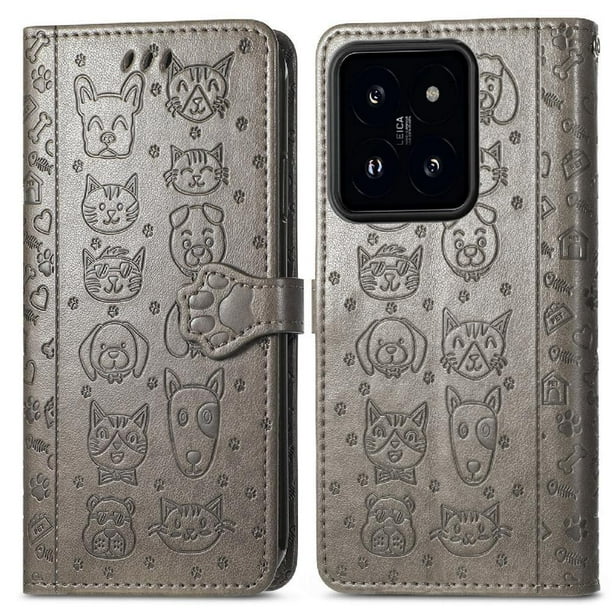 Funda Cartera FOXDOCK para Xiaomi 14T , Flip PU con Relieve de Gatos y Perros, Tarjetero y Soporte