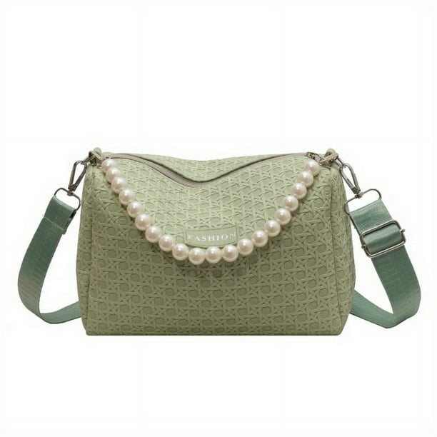 Fashion Embossed Handbag With Faux Pearl Handle, Small Solid Color Crossbody Bag, Faux Leather Shoulder Purse For Women