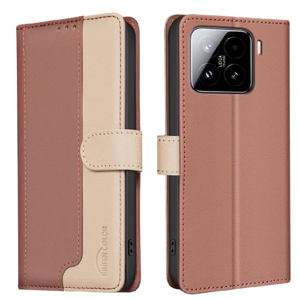 Funda Cartera con Bloqueo RFID para Xiaomi 15 con Ranuras y Soporte Marrón