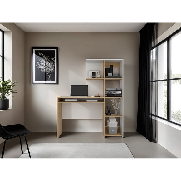 Escritorio Biblioteca Alister 150,9X125,5X42,2 Cm Blanco Y Fresno