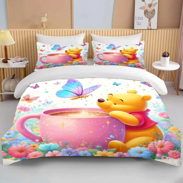 Winnie The Pooh Printed Bedding Set Duvet Cover Anime Quilt Adult Kids Birthday Gift Full Size Bedding Set Luxury Bed Sheets