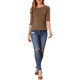 thumbnail image 2 of INSPIRE CHIC Camisetas de Mujer Mangas al Codo Cuello Barco Ajuste Ceñido Casual Camisetas Marrón L, 2 of 7