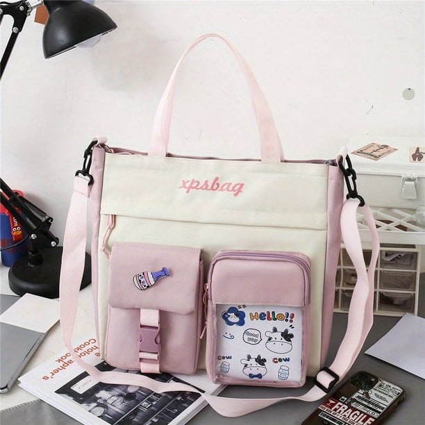 Preppy Style Crossbody Bag, Pockets Front Shoulder Bag, Casual Nylon Student School Bag