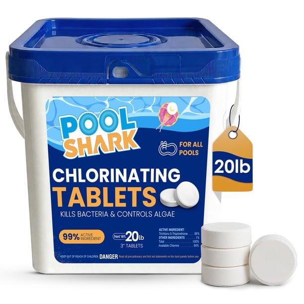 Tabletas de Cloro para Piscina Pool Shark | Tabletas de 3 pulgadas | 9 kg | Liberación lenta, 90% de cloro activo | Químicos para piscinas enterradas, elevadas, de agua salada, spa y jacuzzi