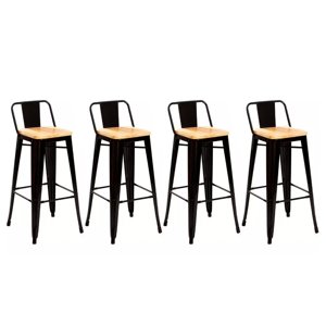 Global Latin Group - Pack 4 Taburete Metálico Con Asiento De Madera Ideal Para Barra Negro