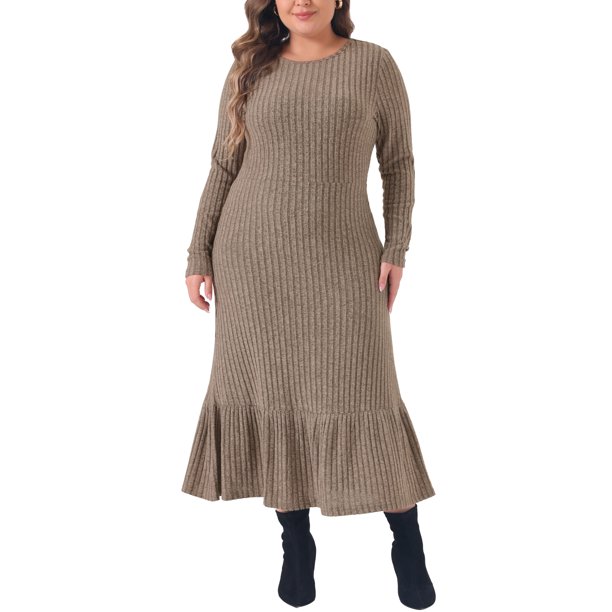 Agnes Orinda Conjuntos de Halloween Vestido de Mujer Talla Grande Cuello Redondo de Punto Acanalado Manga Larga Dobladillo con Volantes Vestidos Casuales de Invierno Mixi 4X Caqui