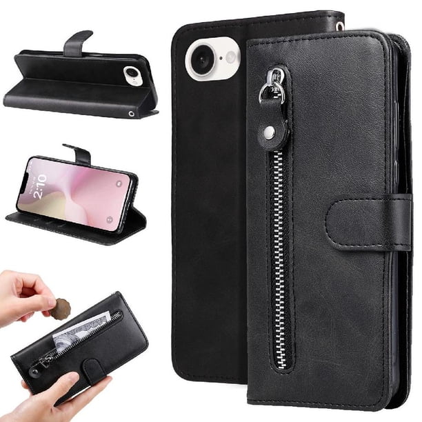 Funda tipo cartera para iPhone 16e con bolsillo con cremallera y ranuras para tarjetas – Función de soporte Negro