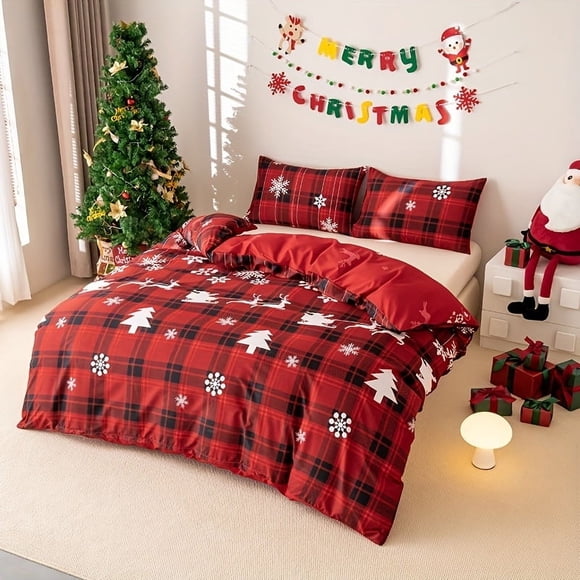 Festive Christmas Plaid Duvet Cover Set with 2 Pillowcases Zip Closure Active Print No Filling Perfect for Seasonal Decorating