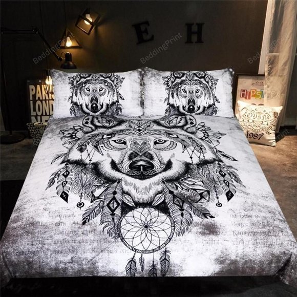 Indian Tribal Wolf Dreamcatcher Quilt Duvet Cover Set Comforter Cover Bedspread3-Piece Bedding Set