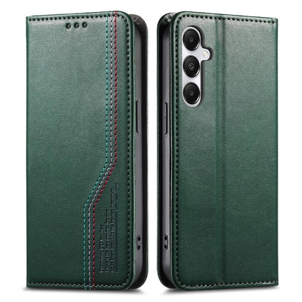 Funda tipo cartera para Samsung Galaxy A35 de piel con cierre magnético, ranuras para tarjetas y correa para la muñeca Verde