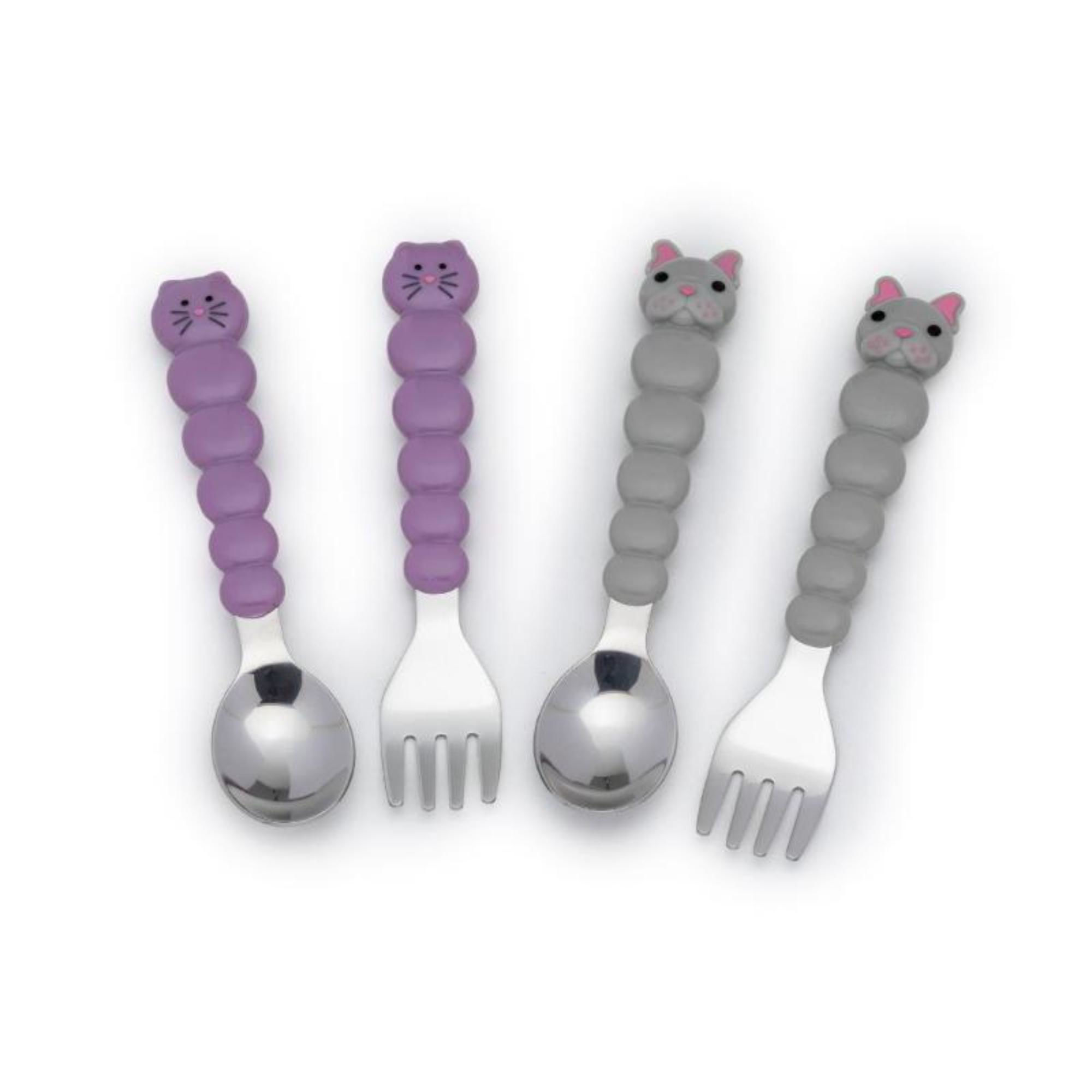 Melii - Utensilio Para Alimentación Set De 4 Cubiertos Gato Y Bulldog Morado Y Gris